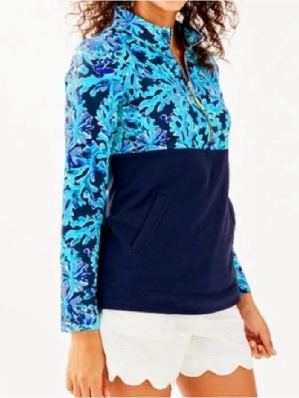 Lilly Pulitzer Asher Popover In Too Deep Navy with Aqua Floral Half-Zip Pullover